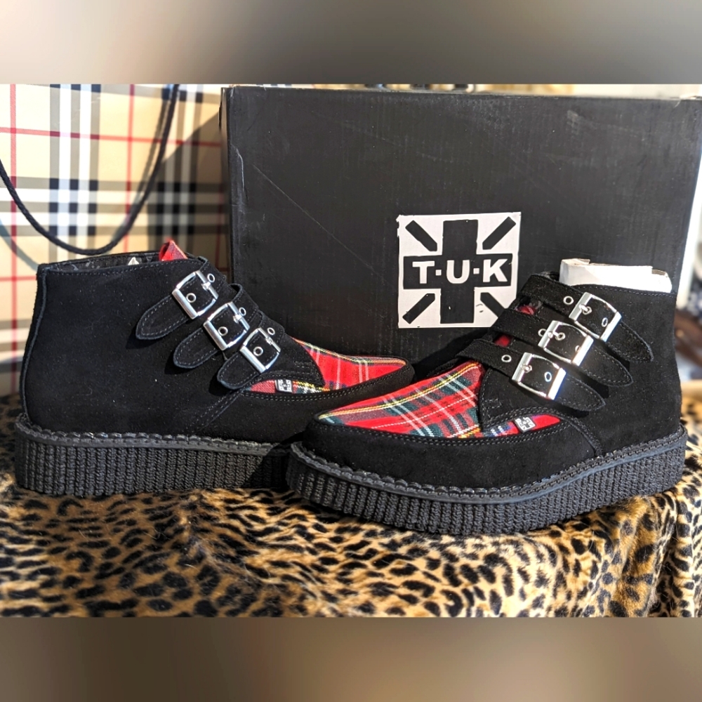 T.U.K. Black Suede & Tartan 3-buckle Pointed Boot (women's 7.5/8)